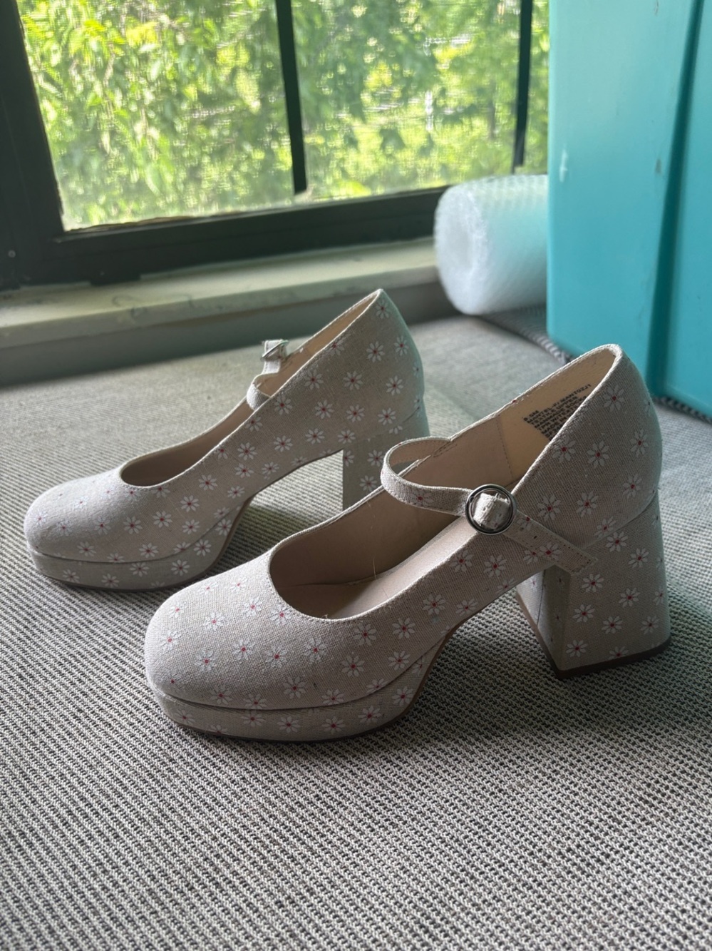 Madden Girl Beige Mary Jane Platform Heels with Daisy Accent